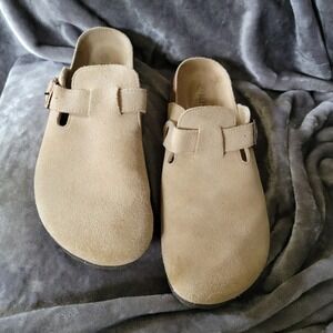 KIDMI Suede Clogs Unisex Tan Excellent Cork Footbed Buckle Mules